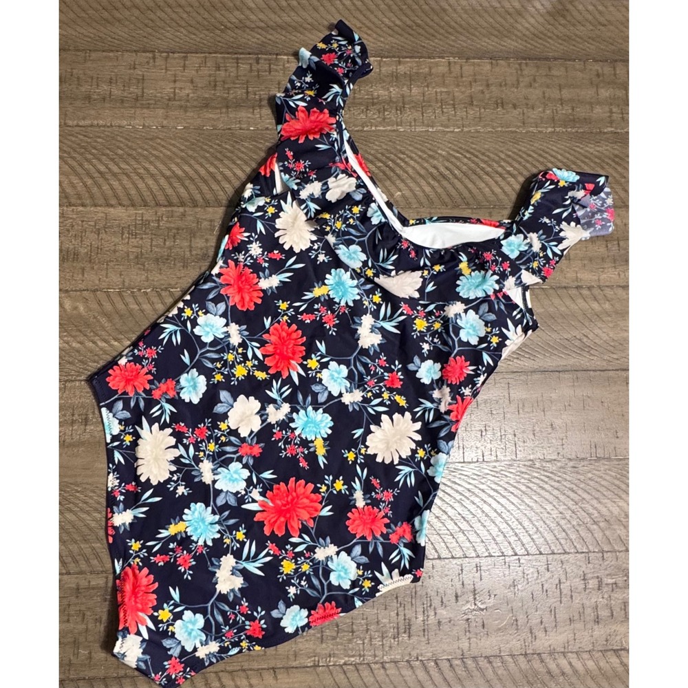 Old Navy Women Floral One Shoulder Ruffle One Piece Swimsuit Navy Blue L Tall